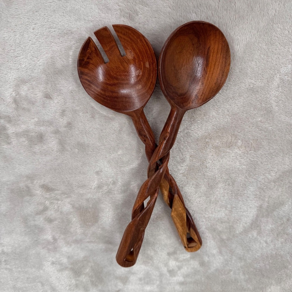 Hand Carved Wooden Salad Servers Double Twist Handle Serving Spoon Fork Set 11.5